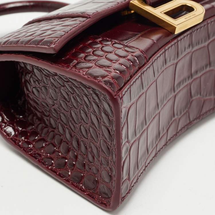 Pre Owned Balenciaga Burgundy Croc Embossed Leather XS Hourglass Top Handle Bag