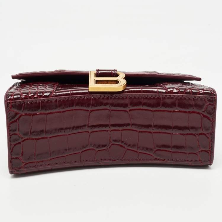 Pre Owned Balenciaga Burgundy Croc Embossed Leather XS Hourglass Top Handle Bag