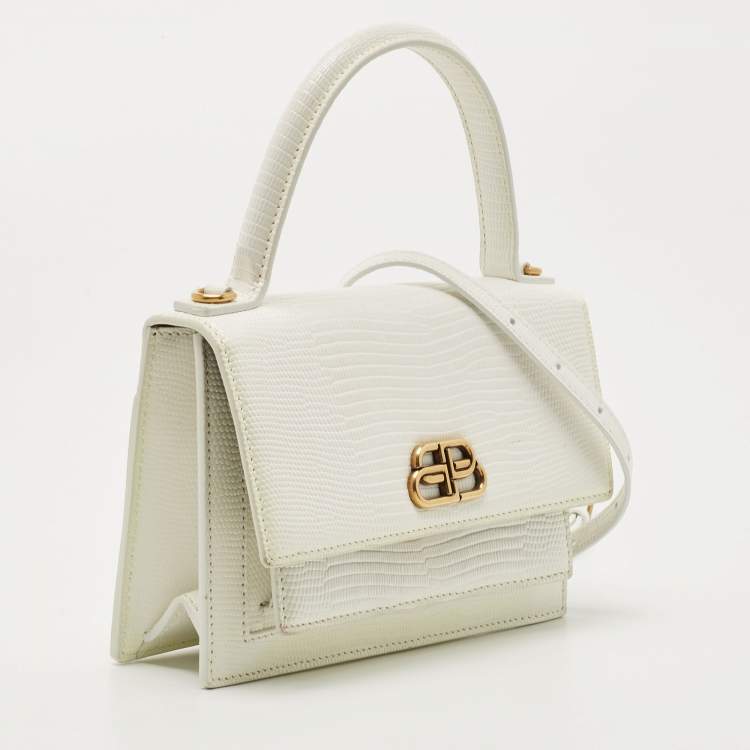 Pre Owned Balenciaga White Lizard Embossed Leather Sharp Top Handle Bag