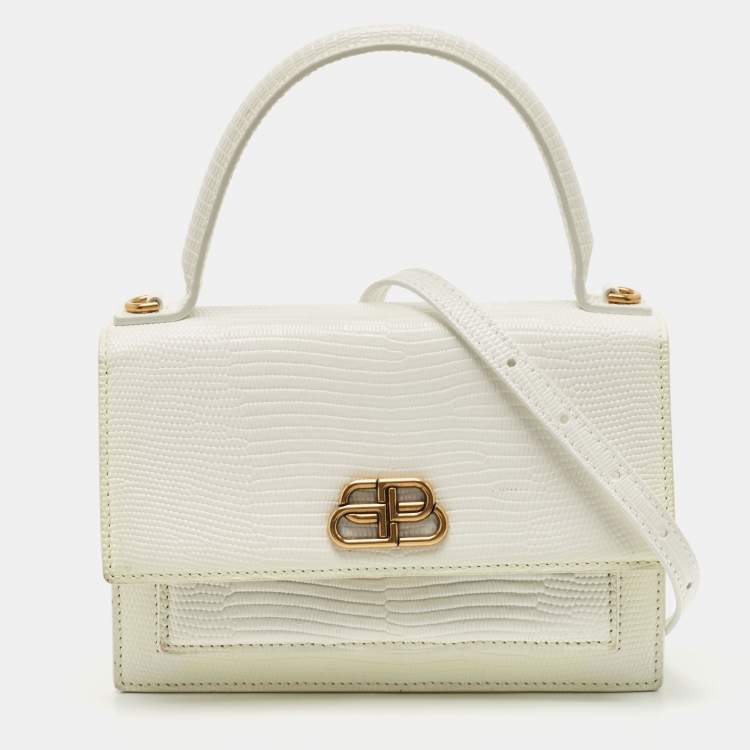 Pre Owned Balenciaga White Lizard Embossed Leather Sharp Top Handle Bag