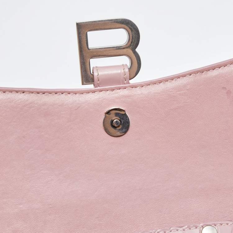 Pre Owned Balenciaga Pink Croc Embossed Leather Hourglass Wallet On Chain