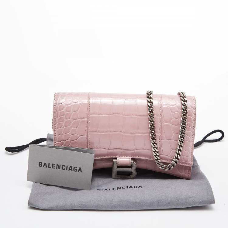 Pre Owned Balenciaga Pink Croc Embossed Leather Hourglass Wallet On Chain