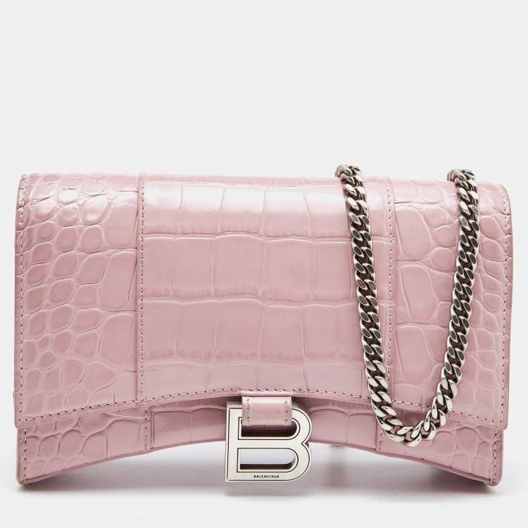 Pre Owned Balenciaga Pink Croc Embossed Leather Hourglass Wallet On Chain