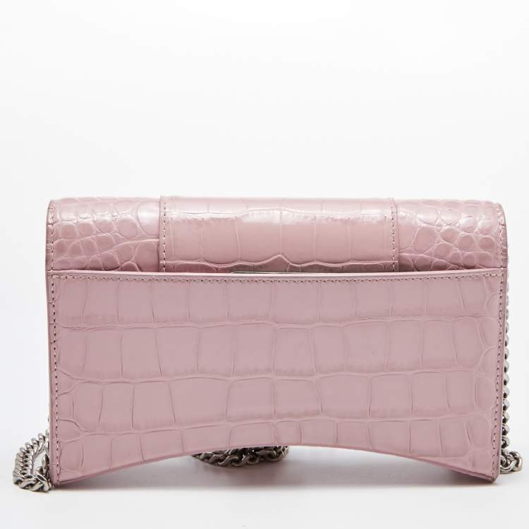 Pre Owned Balenciaga Pink Croc Embossed Leather Hourglass Wallet On Chain
