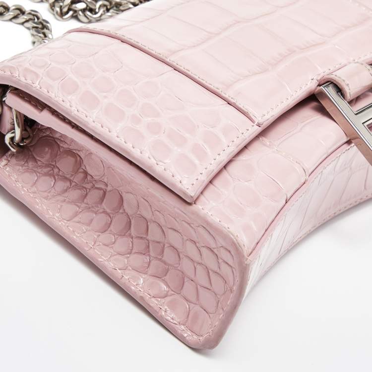 Pre Owned Balenciaga Pink Croc Embossed Leather Hourglass Wallet On Chain