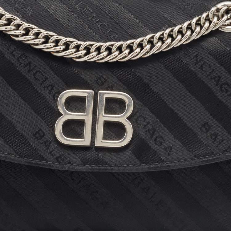 Pre Owned Balenciaga Black Fabric BB Chain Round Shoulder Bag