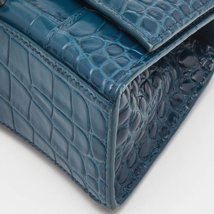 Pre Owned Balenciaga Teal Croc Embossed Leather XS Hourglass Top Handle Bag