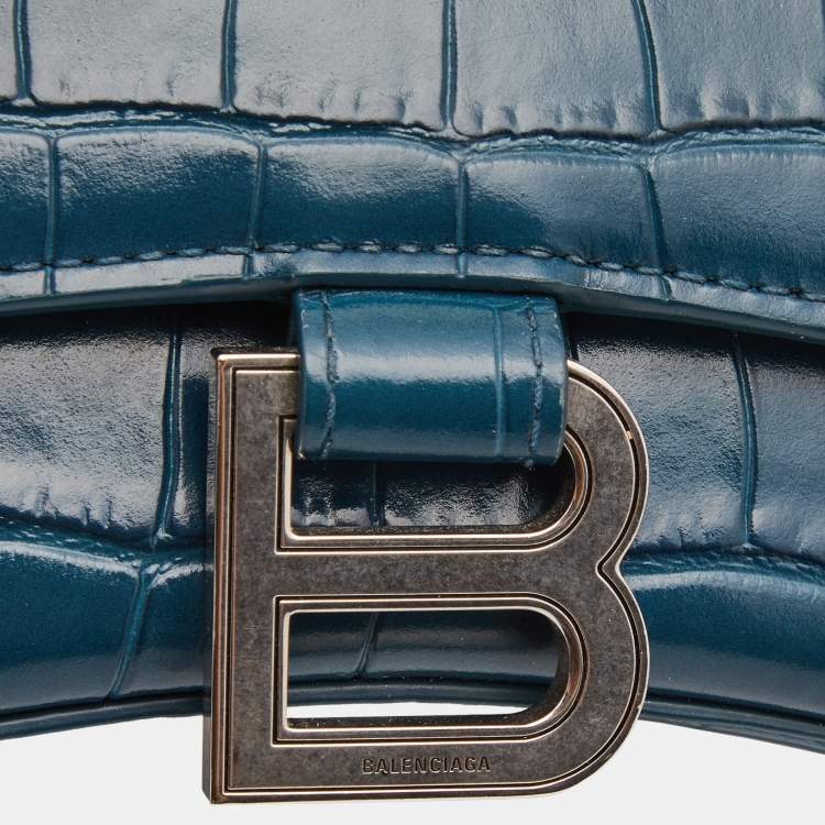 Pre Owned Balenciaga Teal Croc Embossed Leather XS Hourglass Top Handle Bag