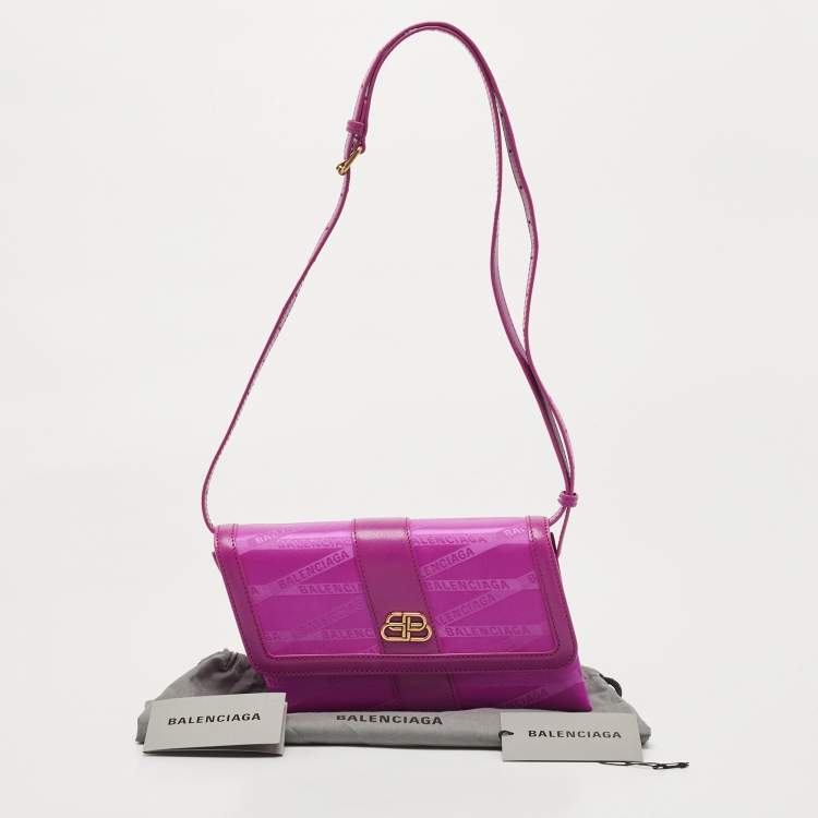 Pre Owned Balenciaga Majenta Jacquard Fabric And Leather Shift S Wallet On Strap