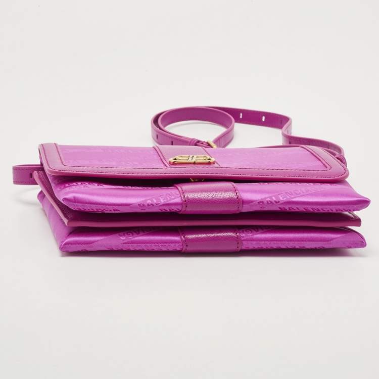 Pre Owned Balenciaga Majenta Jacquard Fabric And Leather Shift S Wallet On Strap