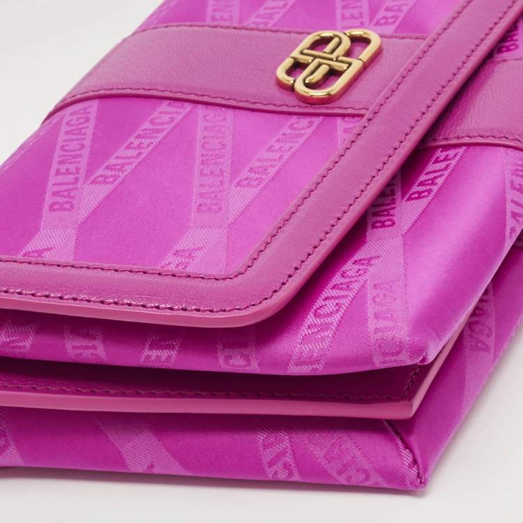 Pre Owned Balenciaga Majenta Jacquard Fabric And Leather Shift S Wallet On Strap