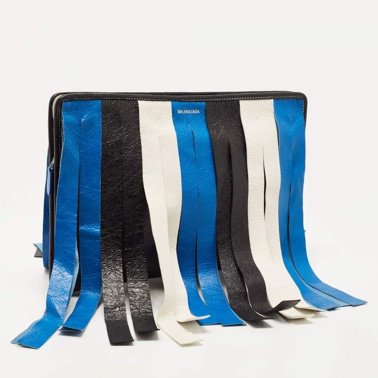 Pre Owned Balenciaga Multicolor Stripe Leather Bazar Fringe Clutch