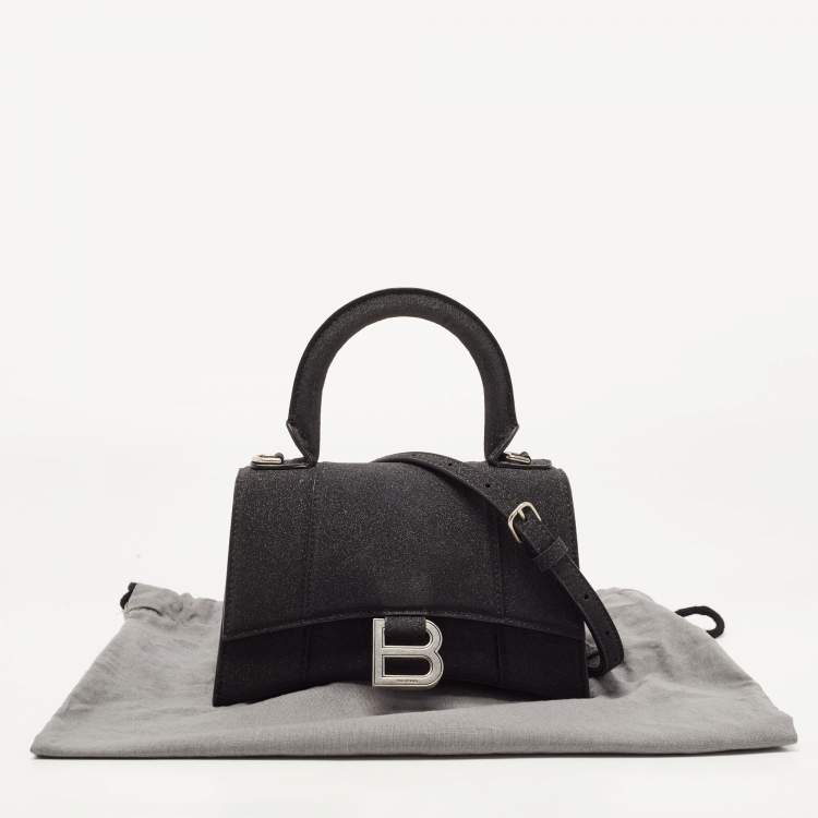 Pre Owned Balenciaga Black Glitter Leather XS Hourglass Top Handle Bag