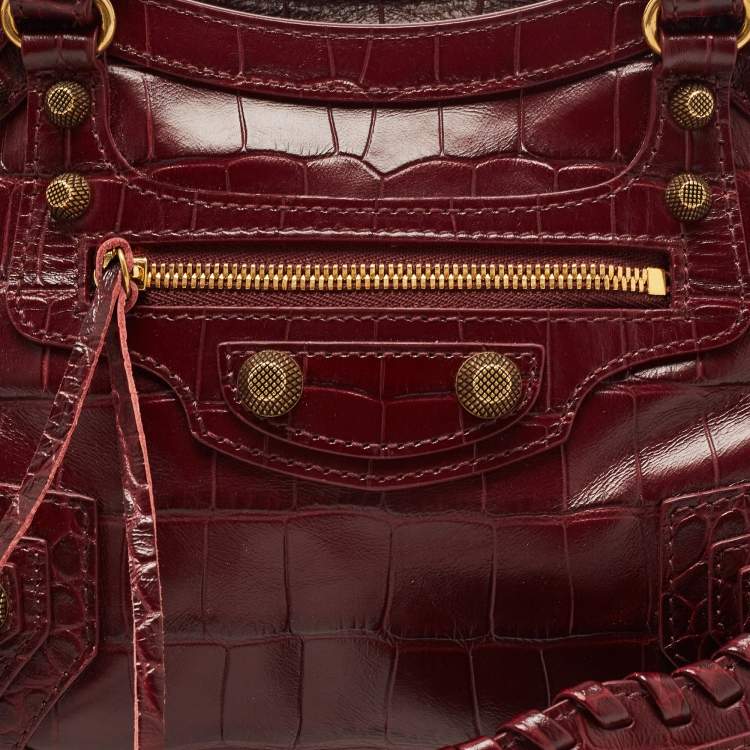 Pre Owned Balenciaga Dark Red Croc Embossed Leather XS Neo Cagole Bag