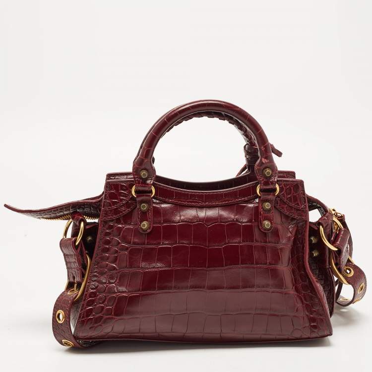Pre Owned Balenciaga Dark Red Croc Embossed Leather XS Neo Cagole Bag