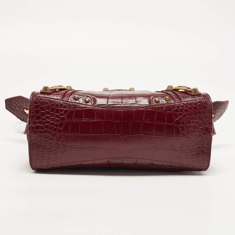 Pre Owned Balenciaga Dark Red Croc Embossed Leather XS Neo Cagole Bag