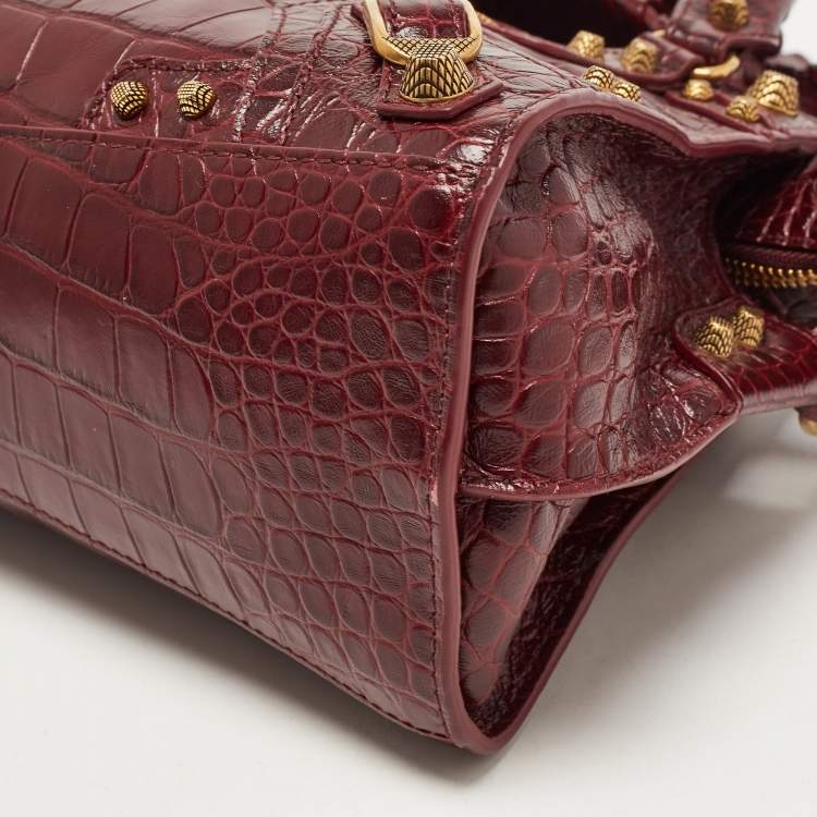 Pre Owned Balenciaga Dark Red Croc Embossed Leather XS Neo Cagole Bag