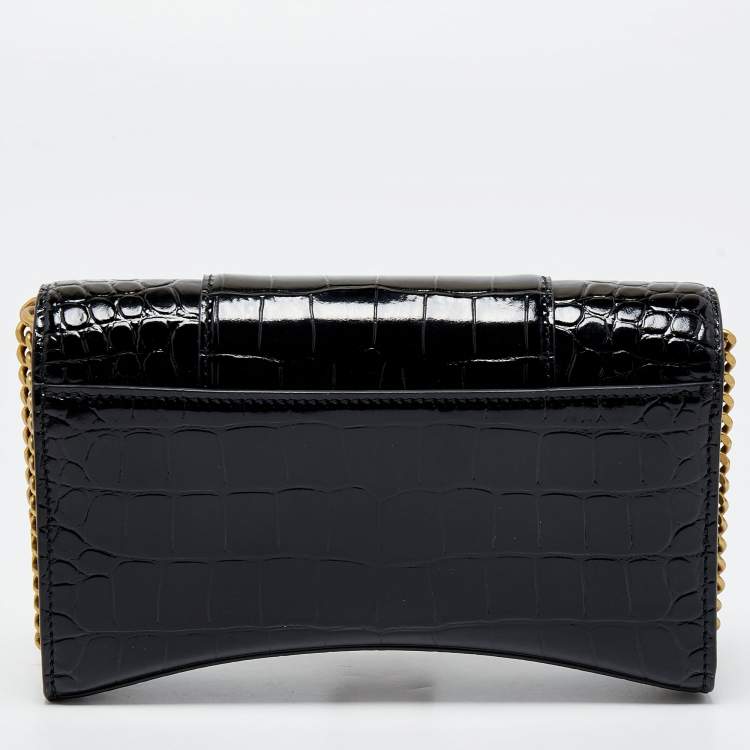 Pre Owned Balenciaga Black Shine Croc Embossed Leather Hourglass Wallet On Chain