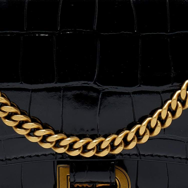 Pre Owned Balenciaga Black Shine Croc Embossed Leather Hourglass Wallet On Chain