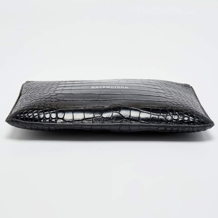 Pre Owned Balenciaga Black Croc Embossed Leather Flat Wristlet Pouch