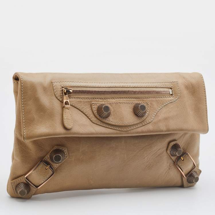 Pre Owned Balenciaga Praline Leather GGH Envelope Clutch