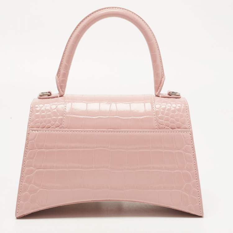 Pre Owned Balenciaga Light Pink Croc Embossed Leather Small Hourglass Top Handle Bag