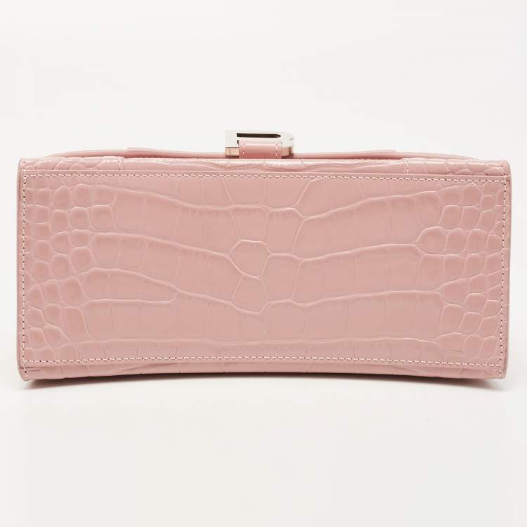 Pre Owned Balenciaga Light Pink Croc Embossed Leather Small Hourglass Top Handle Bag