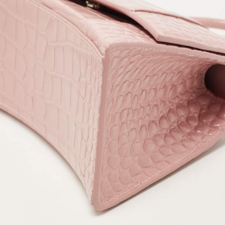 Pre Owned Balenciaga Light Pink Croc Embossed Leather Small Hourglass Top Handle Bag
