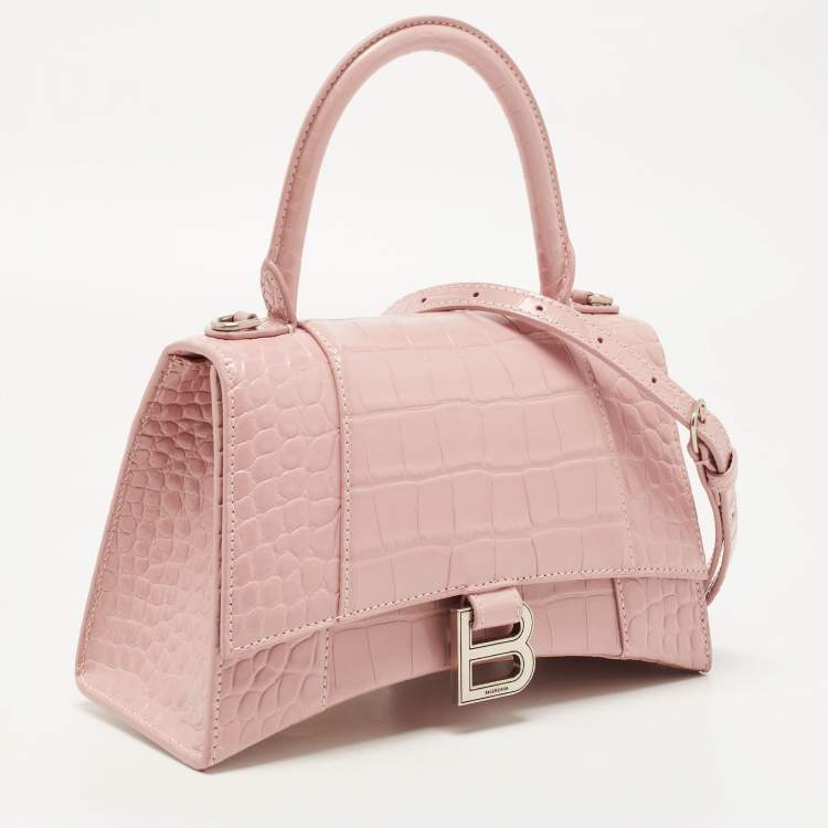 Pre Owned Balenciaga Light Pink Croc Embossed Leather Small Hourglass Top Handle Bag