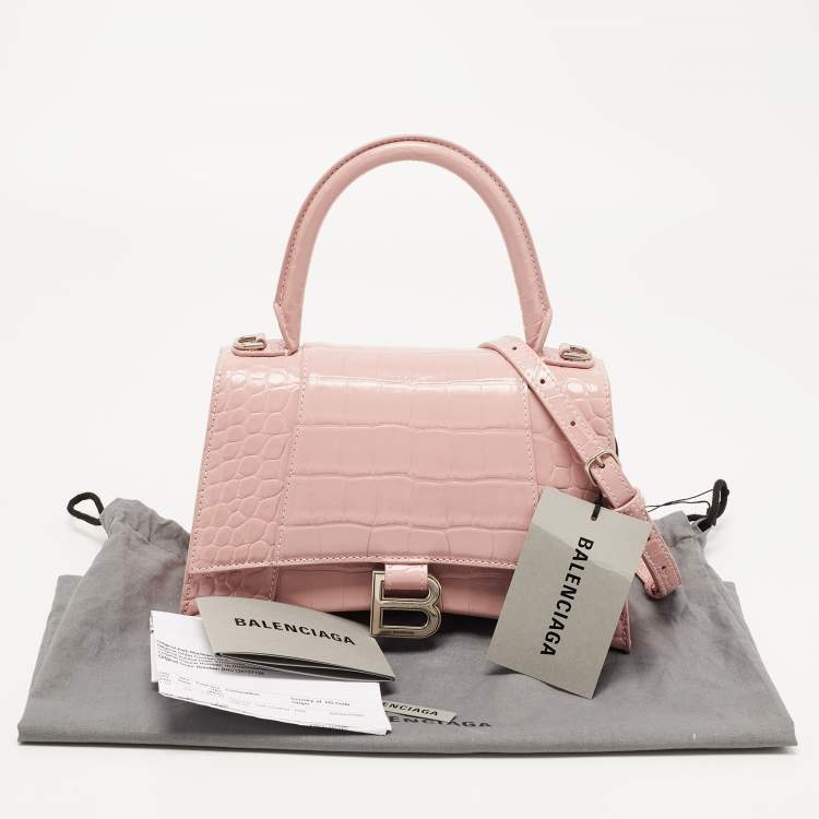 Pre Owned Balenciaga Light Pink Croc Embossed Leather Small Hourglass Top Handle Bag