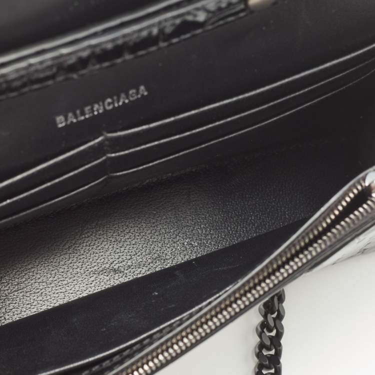 Pre Owned Balenciaga Black Croc Embossed Leather Hourglass Wallet on Chain