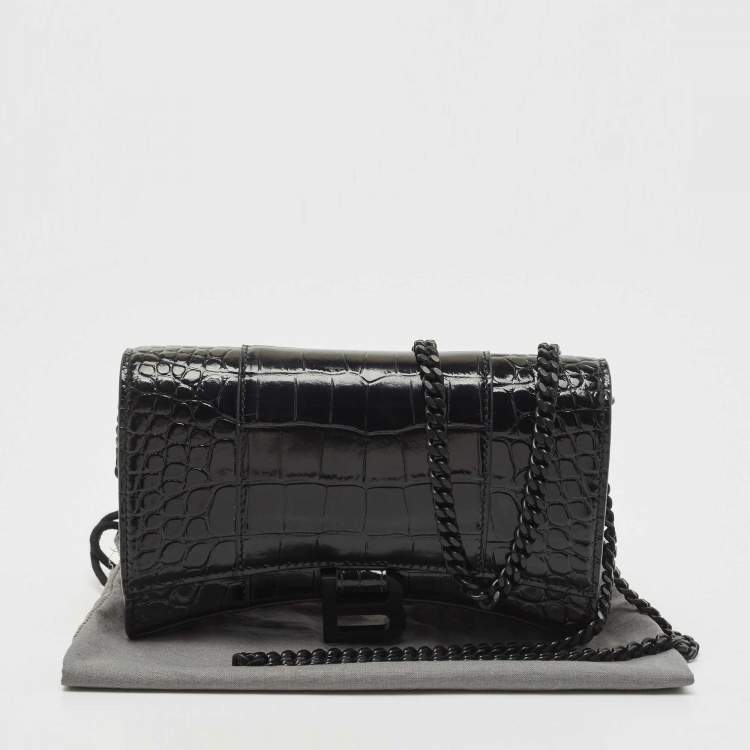 Pre Owned Balenciaga Black Croc Embossed Leather Hourglass Wallet on Chain