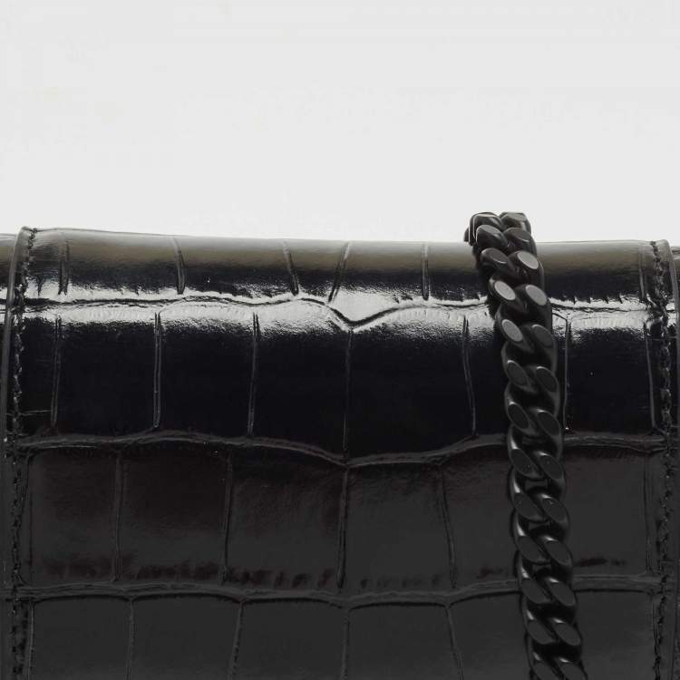 Pre Owned Balenciaga Black Croc Embossed Leather Hourglass Wallet on Chain