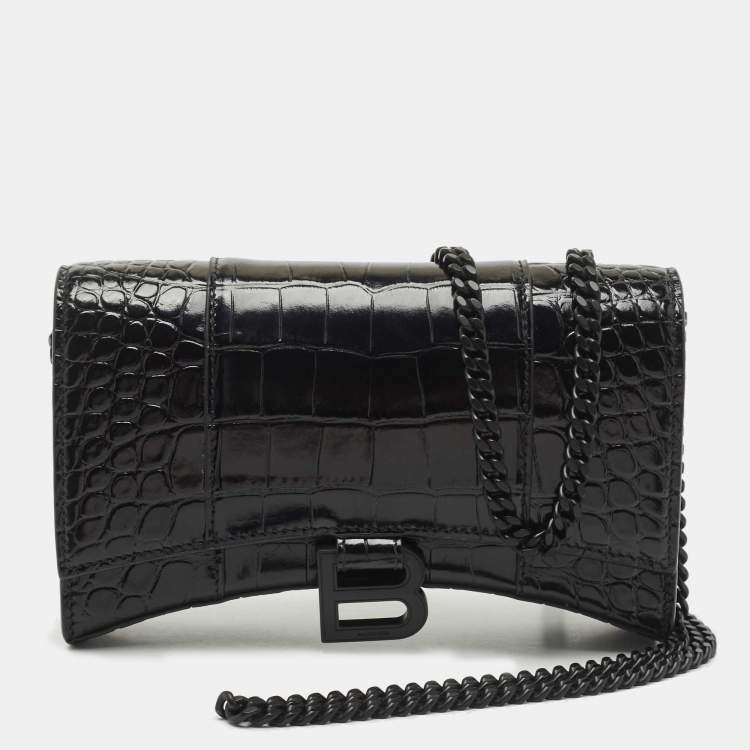 Pre Owned Balenciaga Black Croc Embossed Leather Hourglass Wallet on Chain