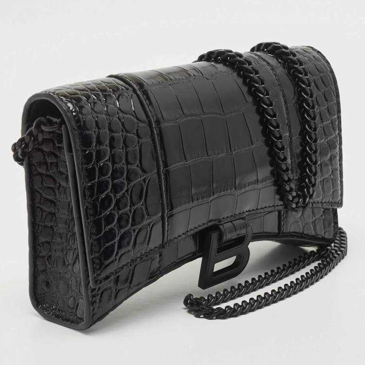 Pre Owned Balenciaga Black Croc Embossed Leather Hourglass Wallet on Chain