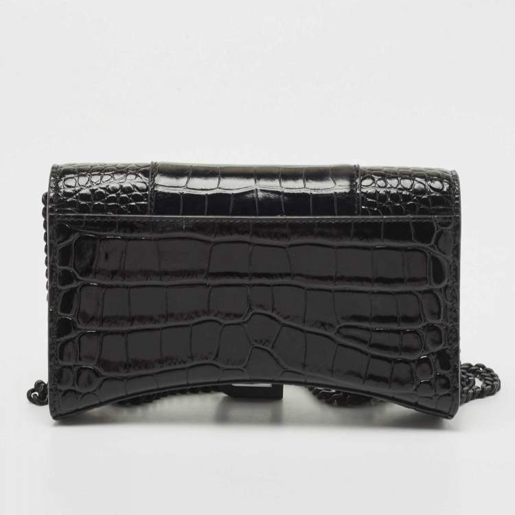 Pre Owned Balenciaga Black Croc Embossed Leather Hourglass Wallet on Chain