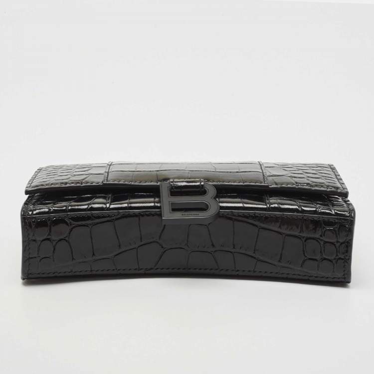 Pre Owned Balenciaga Black Croc Embossed Leather Hourglass Wallet on Chain