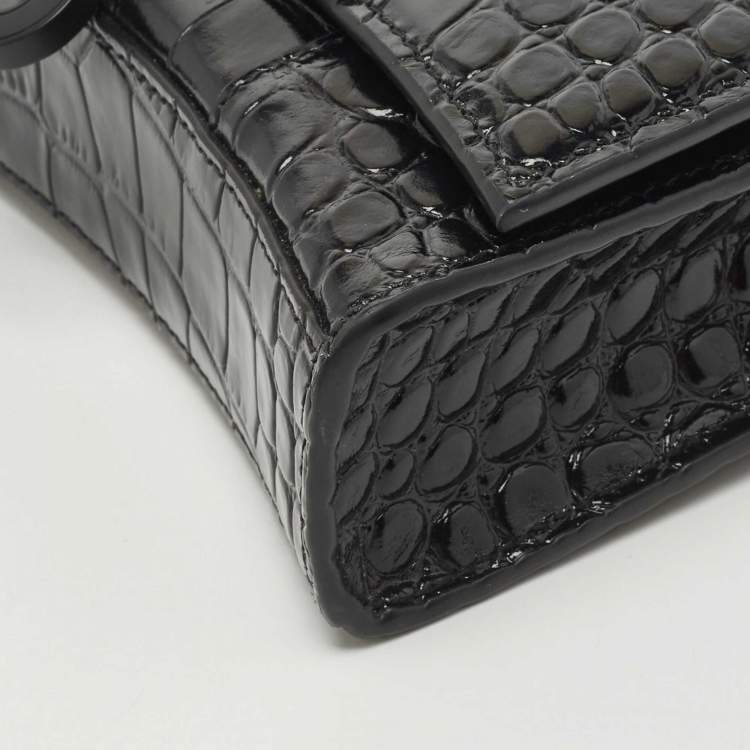 Pre Owned Balenciaga Black Croc Embossed Leather Hourglass Wallet on Chain