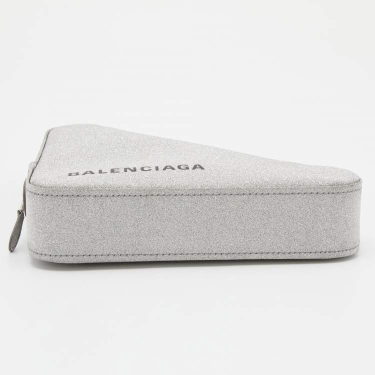Pre Owned Balenciaga Silver Glitter Triangle Zip Clutch