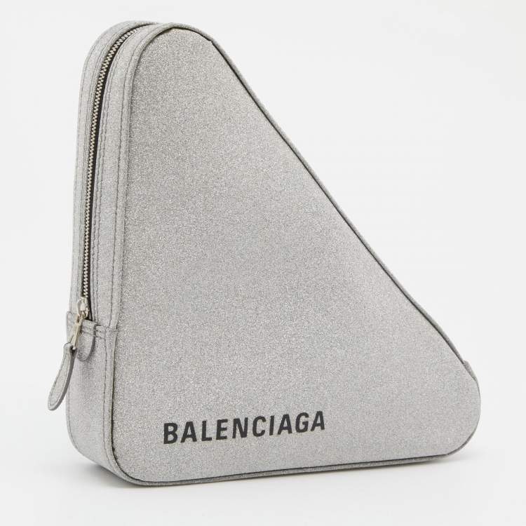 Pre Owned Balenciaga Silver Glitter Triangle Zip Clutch