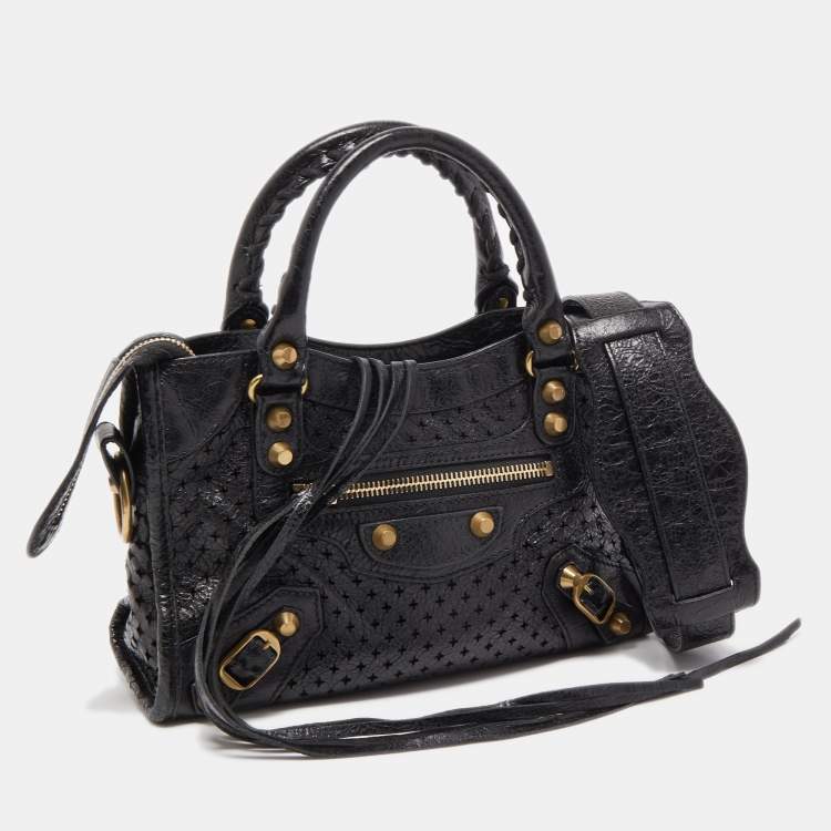 Pre Owned Balenciaga Black Perforated Leather Mini City Bag