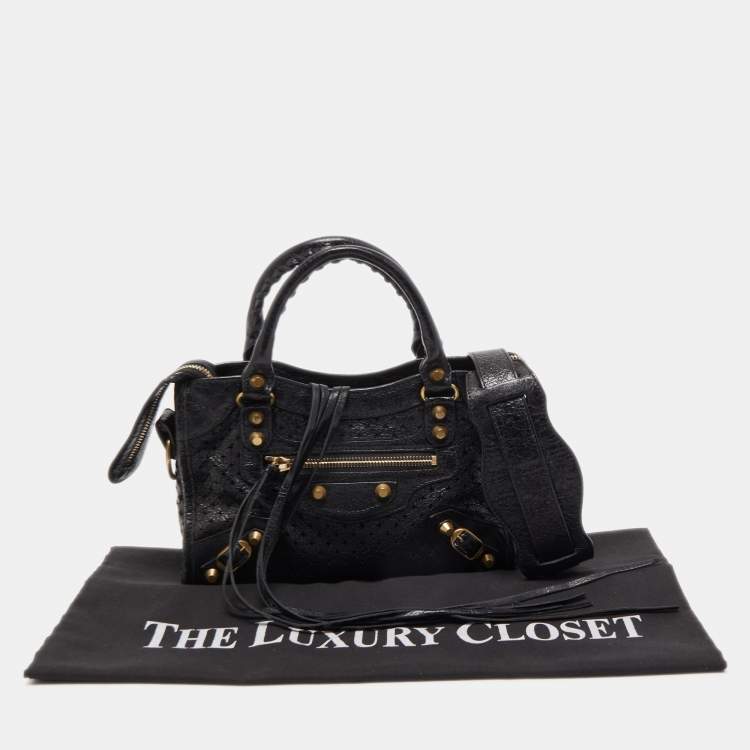Pre Owned Balenciaga Black Perforated Leather Mini City Bag