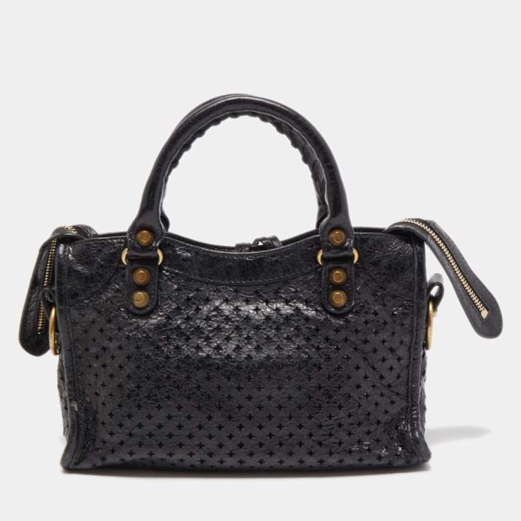 Pre Owned Balenciaga Black Perforated Leather Mini City Bag