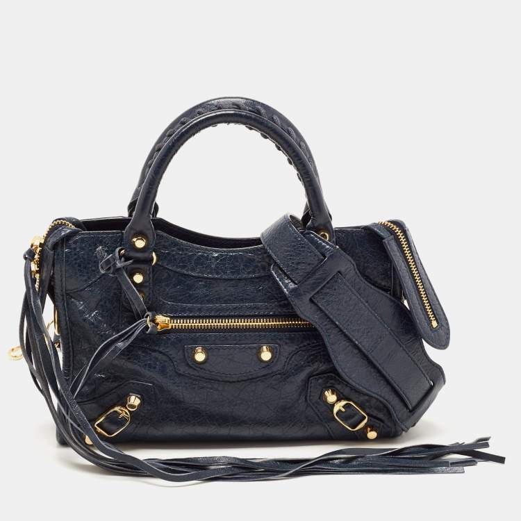 Pre Owned Balenciaga Nay Blue Leather Mini Metallic Edge City Bag