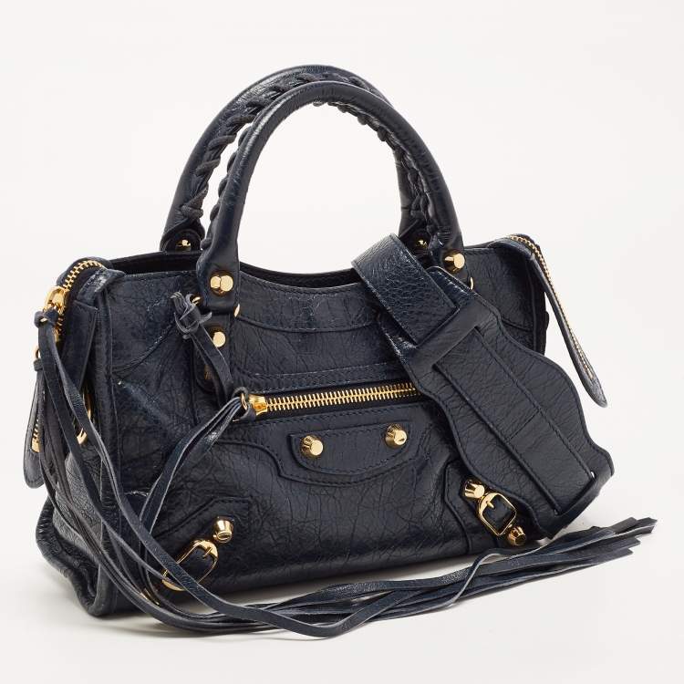 Pre Owned Balenciaga Nay Blue Leather Mini Metallic Edge City Bag