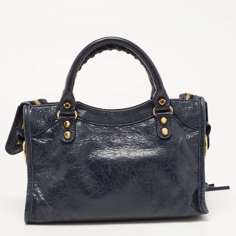 Pre Owned Balenciaga Nay Blue Leather Mini Metallic Edge City Bag