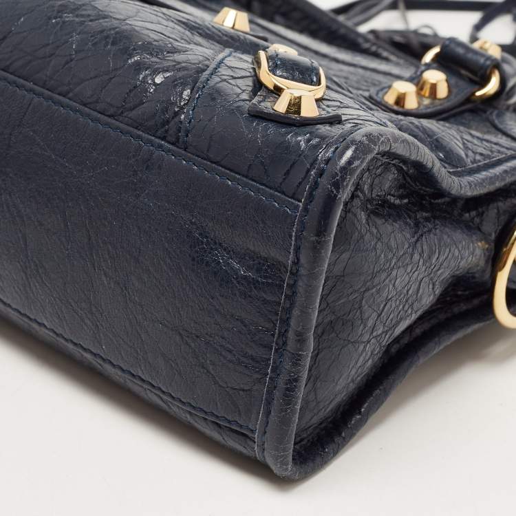 Pre Owned Balenciaga Nay Blue Leather Mini Metallic Edge City Bag