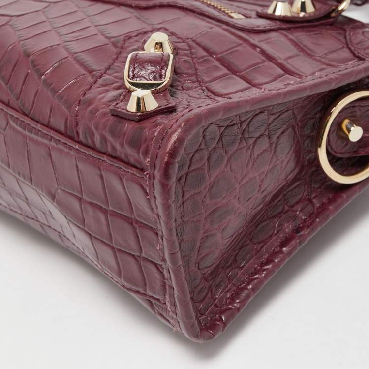 Pre Owned Balenciaga Burgundy Croc Embossed Leather Mini Classic City Bag