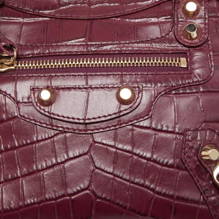 Pre Owned Balenciaga Burgundy Croc Embossed Leather Mini Classic City Bag