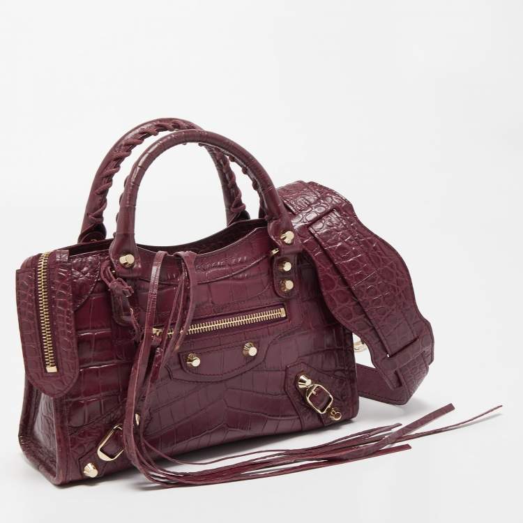 Pre Owned Balenciaga Burgundy Croc Embossed Leather Mini Classic City Bag